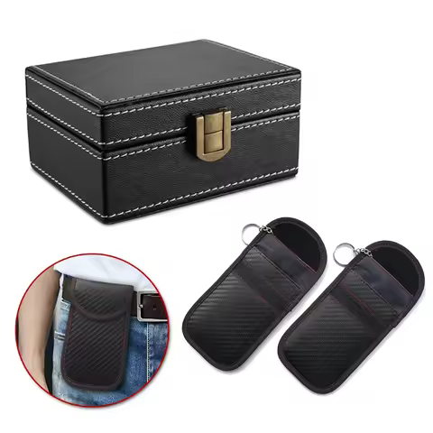 High Quality 2x PU Pouch Bag + Wooden Signal Blocker Box Car Key Fob RFID Security Anti Theft Faraday Keyless Privacy Protection