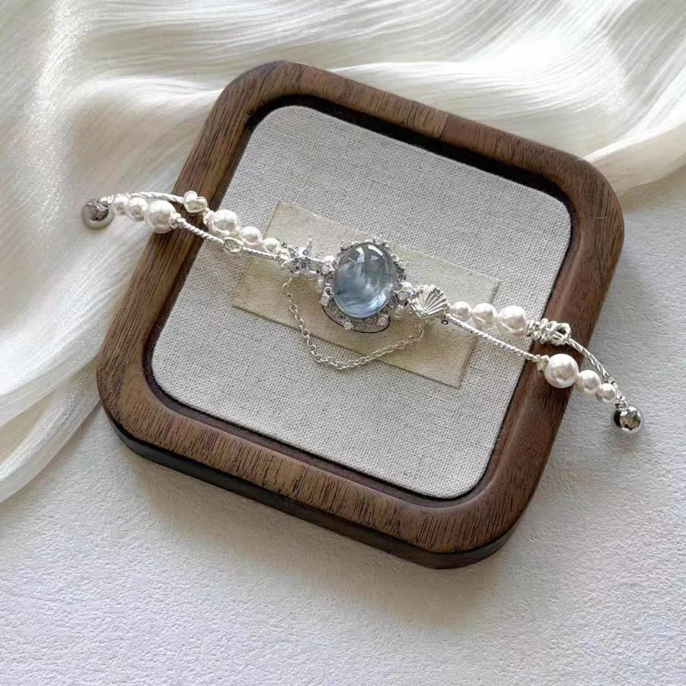Blue Double Layer Statement Beaded Bracelet for Women Beach Vacation Style Chunky Crystal Light Summer Boho Wrist Accessory