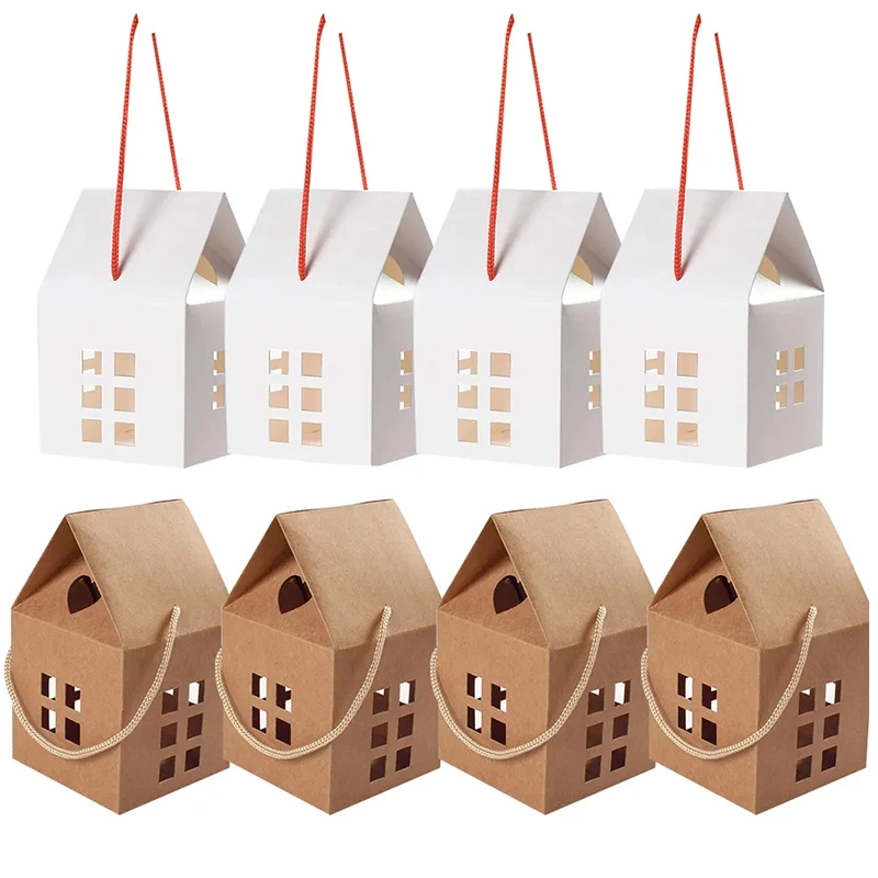 5pcs Christmas House Shape Candy Boxes 2024 New Year Gifts Packaging Paper Box Bag For Xmas Tree Hanging Home Decoration Navidad