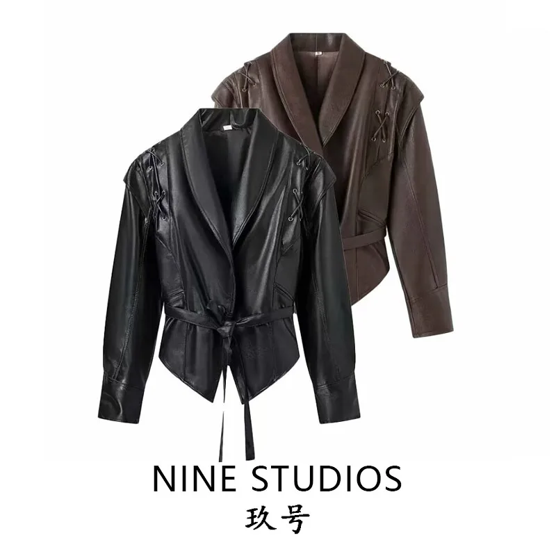 Manteau long en cuir marron pour femme avec ceinture à nouer en PU, élégant pour les trajets quotidiens