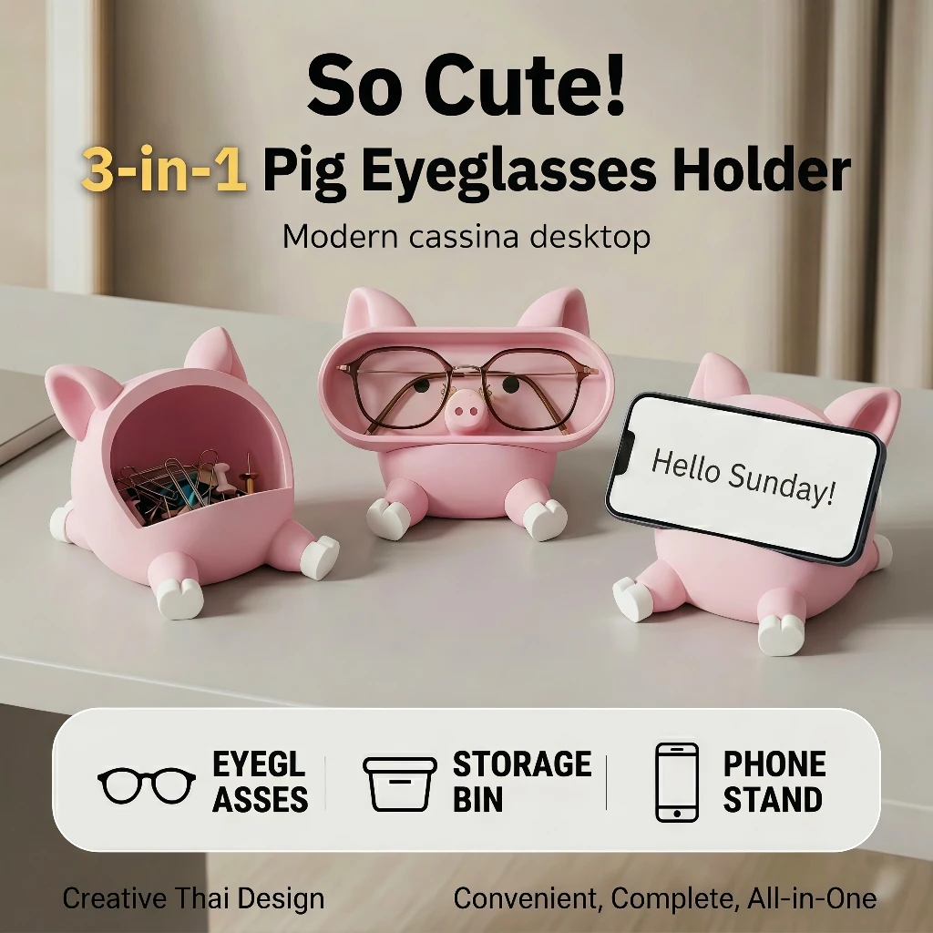 【Ready Stock】Cute Pink Pig Desktop Organizer 3-in-1 Multifunctional Phone Holder & Eyeglass Stand Creative Office Desk Storage