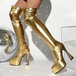 SGESVIER Super Thin High Heels Over-the-knee Boots for Women Chunky Golden Platform Shoes Pointed Toe Size 48 Trendy Party Boots