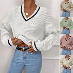 Women Sweaters Long Sleeve V Neck Knit Pullovers Solid Patchwork Straight Jumpers Casual Elegant Slight Strech High Street