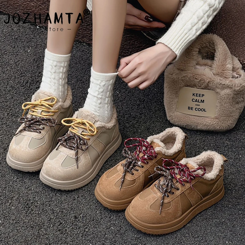 JOZHAMTA Size 35-40 Women Winter Sneakers Genuine Leather 2025 New Non-slip Shoes Women Flat Female Winter Shoes Fur Warm Shoes