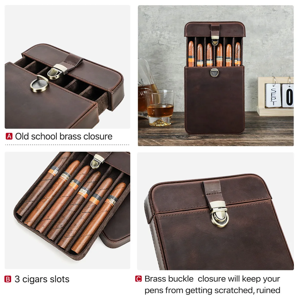 Luxury Retro Genuine Leather 3/6 Slots Cigar Case Humidor Box Travel Portable Cowhide Display Pouch with Brass Buckle Closure