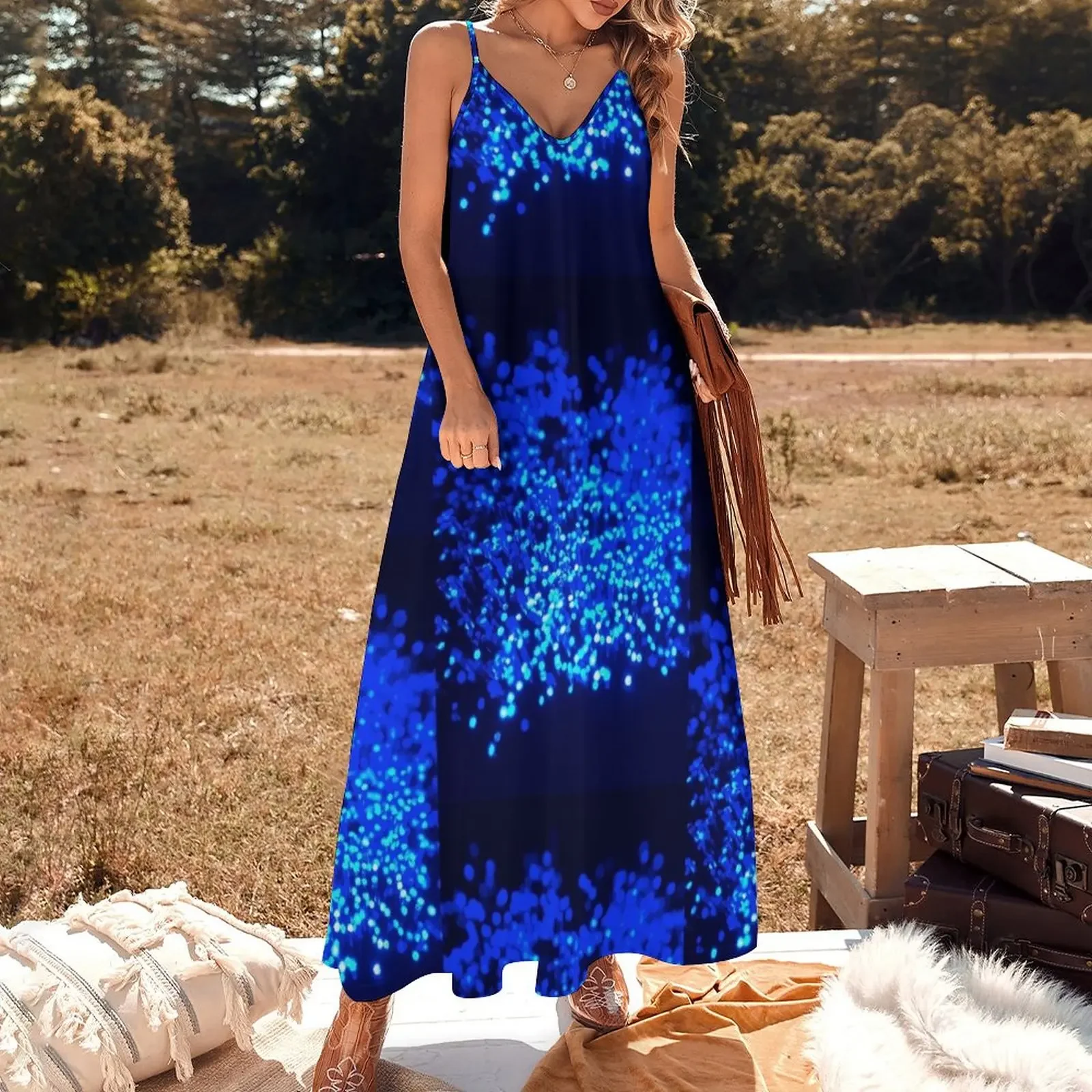 Fiber Optic Blue Sleeveless Dress Women's clothing elegant dresses plus sizes