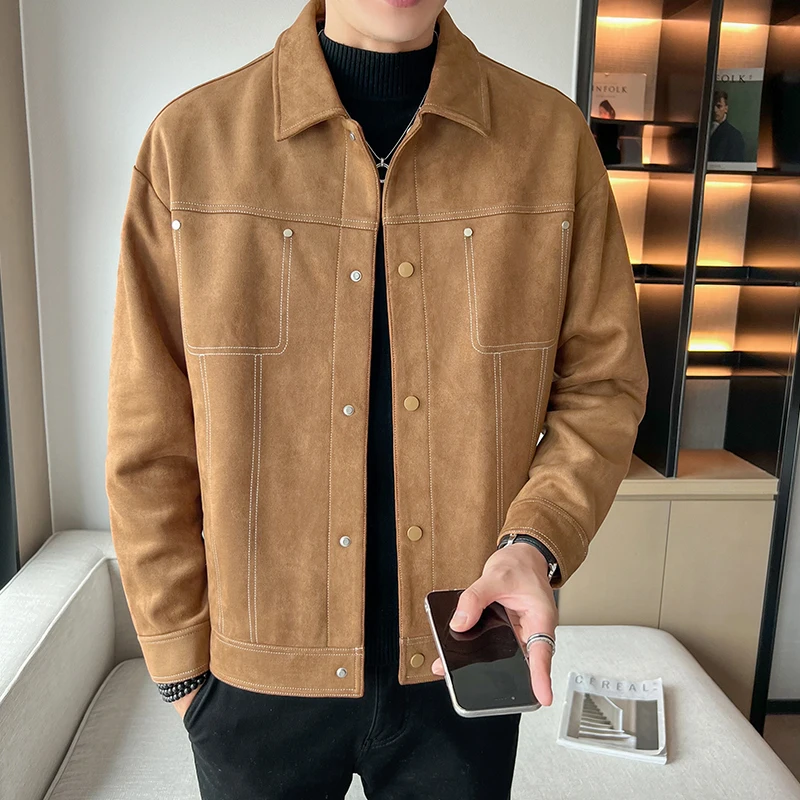 Jaqueta de camurça confortável masculina, jaqueta estilo minimalista elegante, lapela de alta qualidade, primavera e outono