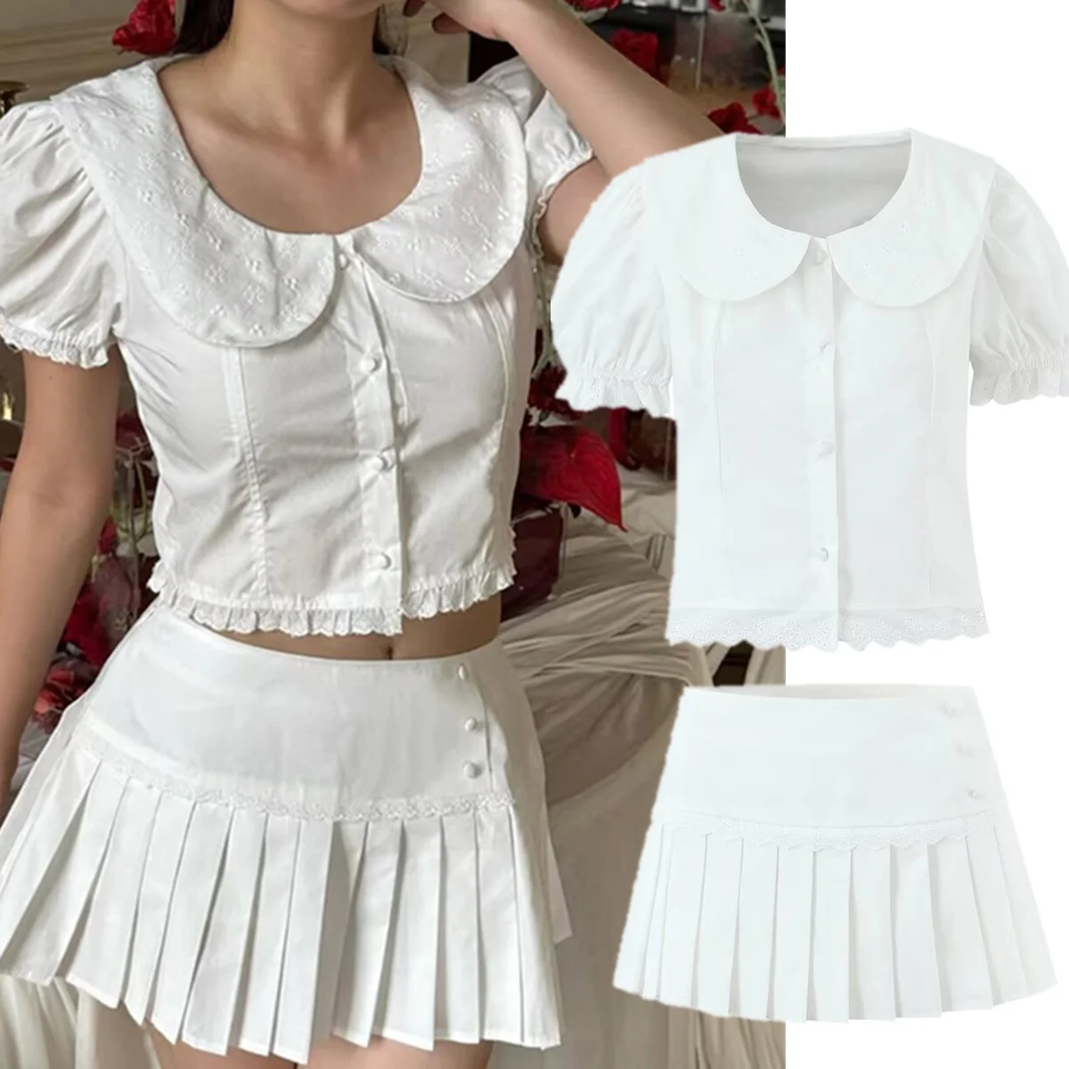 

Комплект женской одежды Jenny&Dave: укороченная рубашка из белого хлопка с воротником «Питер Пэн» и мини-юбка с плиссировкой, комплект из двух предметов