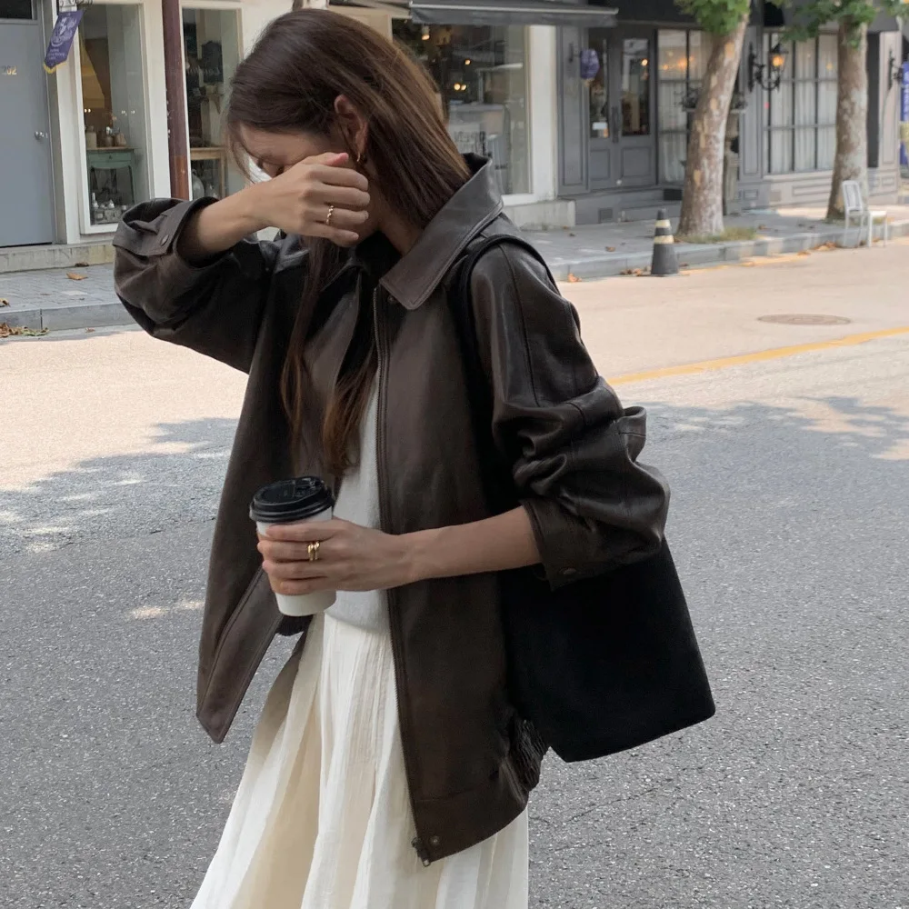 여성 코트 인조 가죽 재킷 턴다운 칼라 숏 코트 Y2K 스트릿웨어 PU 재킷 지퍼 아우터웨어 가을 겨울 2025