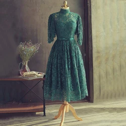 Vintage High-Neck Lace Mother of the Bride Dresses Three Quarter Sleeve Tea-Length with Bow Belt High Quality Gown for Wedding