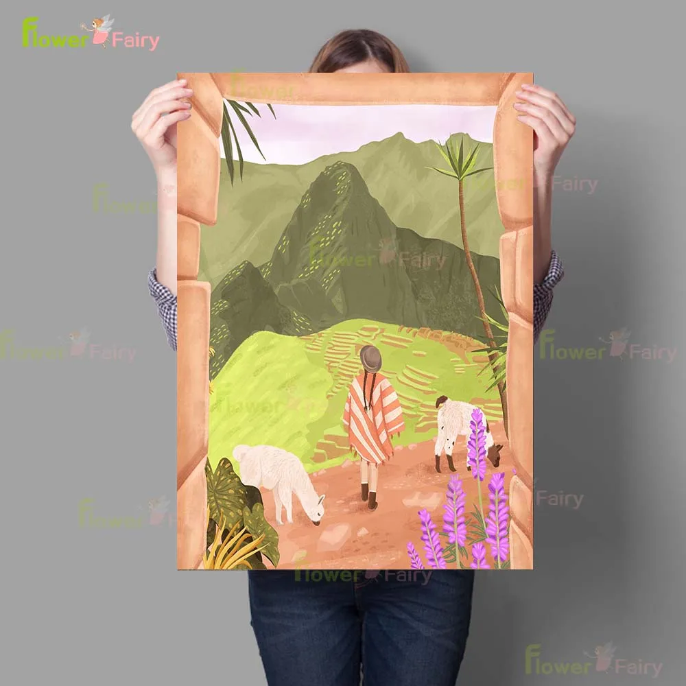 Minimalist Girl on Vacation Cartoon Scenery Poster Wall Art Canvas Painting Home Decor Wall Pictures For Living Room Unframed