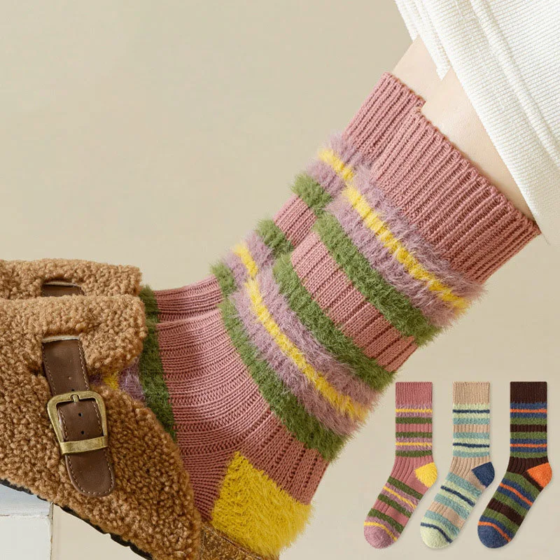 Women's Socks Autumn Winter Middle Tube Cotton Fleece Thick Wool Fluffy Fuzzy Warm Maillard Fleece Striped Floor Girl Gift Sweet