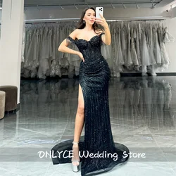 Charming Black Sequins Evening Dress Side Split Crystals Rhinestones Beads Tassels Prom Dress 2024 Wedding Party Customized