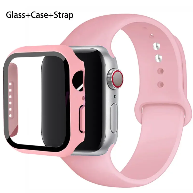 Glass+Case+Strap For Apple Watch band 44mm 45mm 42mm 41mm 40mm 38mm Silicone watchband bracelet iWatch series 8 9 7 6 5 4 3 SE