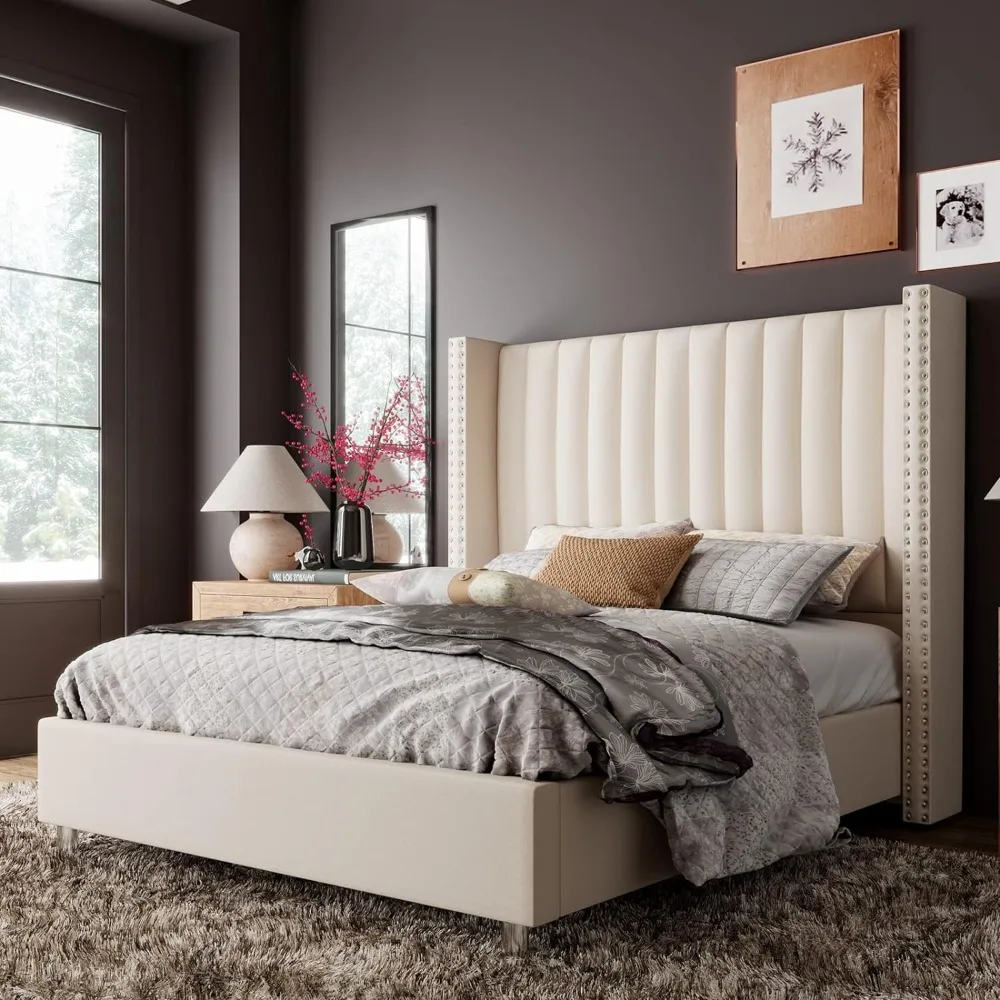 Queen Size Bed Frame Upholstered Platform Bed with Tall Headboard Wingback, Velvet Vertical Channel Tufted, No Box Spring Needed