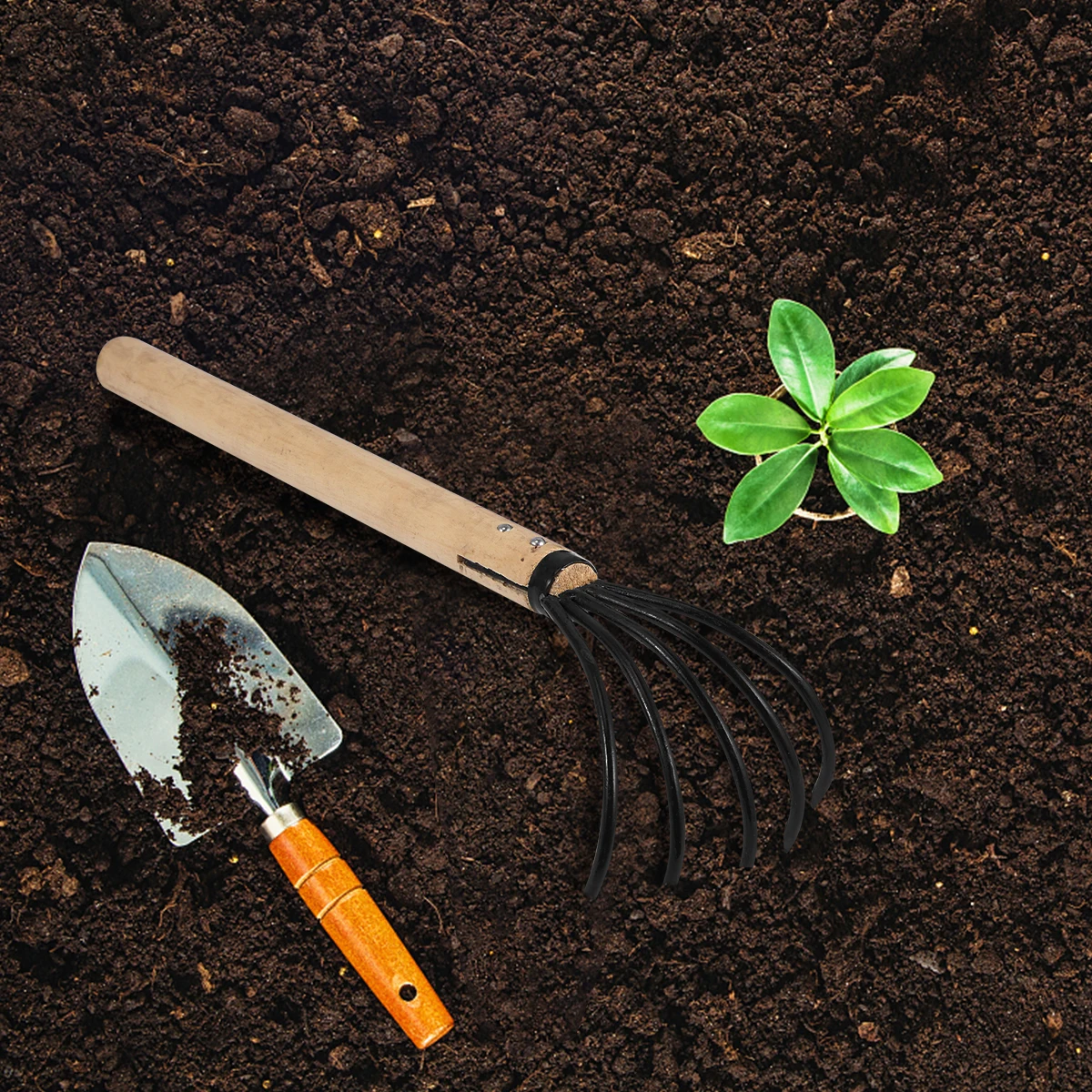 

Garden Metal Rake Iron Wood Handle 5 Teeth Cleaning Tool Yard Beach Multi Use Outdoor Shovel Spade Garden Rake Tool