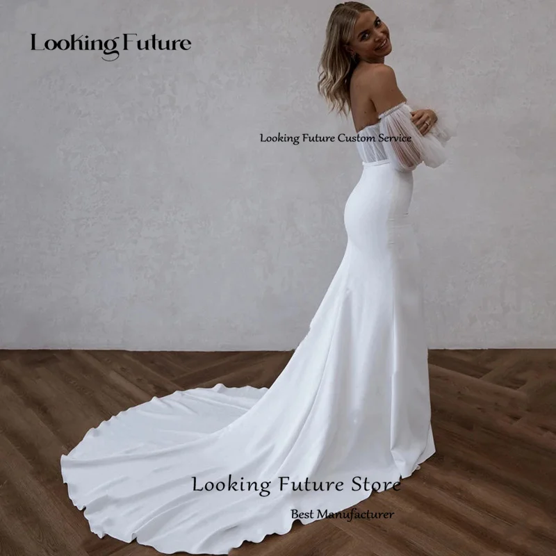 Simple White Mermaid Tulle Off Shoulder Wedding Dress Elegant Pleat High Slit Bridal Gowns Sweep Train Backless Zipper vestidos