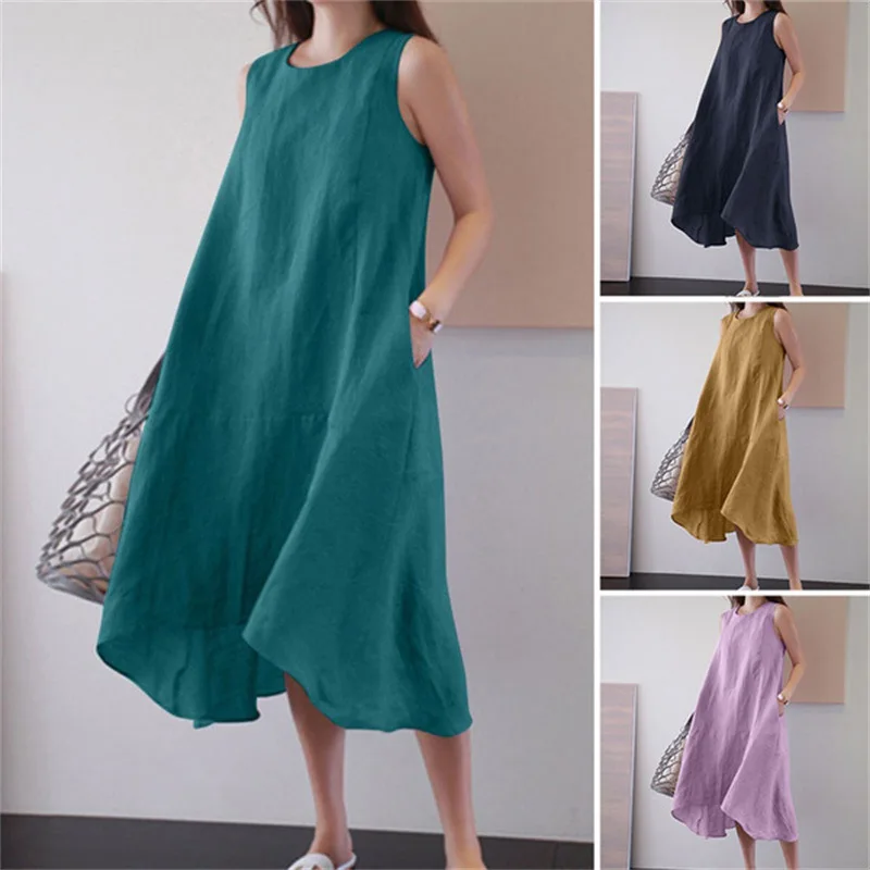 

Summer Casual Linen Sleeveless Long Dresses Large Size Solid Color Tank Top Dress Woman White Dress Women Clothing Loose 5XL 4XL