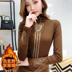 2023 Autumn Winter Women's Fashion Underlay Shirt Comfortable and Versatile Diamond Embedding Half High Neck Long Sleeve Top