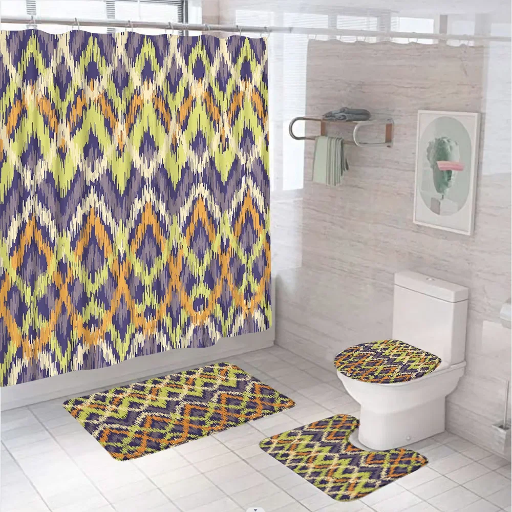 Colorful Tie-dye Fabric Shower Curtain Set Bathroom Screen Modern Geometric Line Wave Anti-slip Bath Mat Toilet Cover Carpet Rug