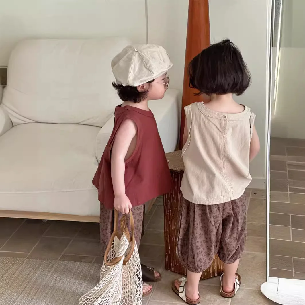 الصيف شقيق شقيقة نظرة الكورية الشاش الصلبة طفل الفتيات أكمام بدلة علوية الأزهار المطبوعة اقتصاص السراويل الزي الأشقاء الملابس #2