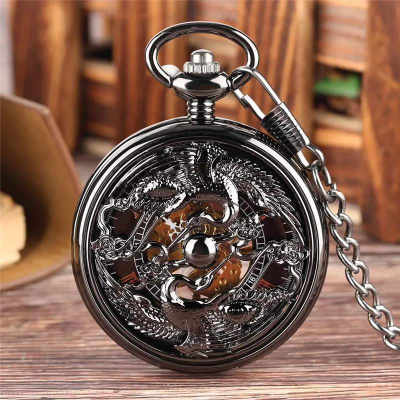 Steampunk Black Hollow Double Crane Unisex Handwinding Mechanical Pocket Watch Roman Numerals Display Pendant Chain Clock Gift