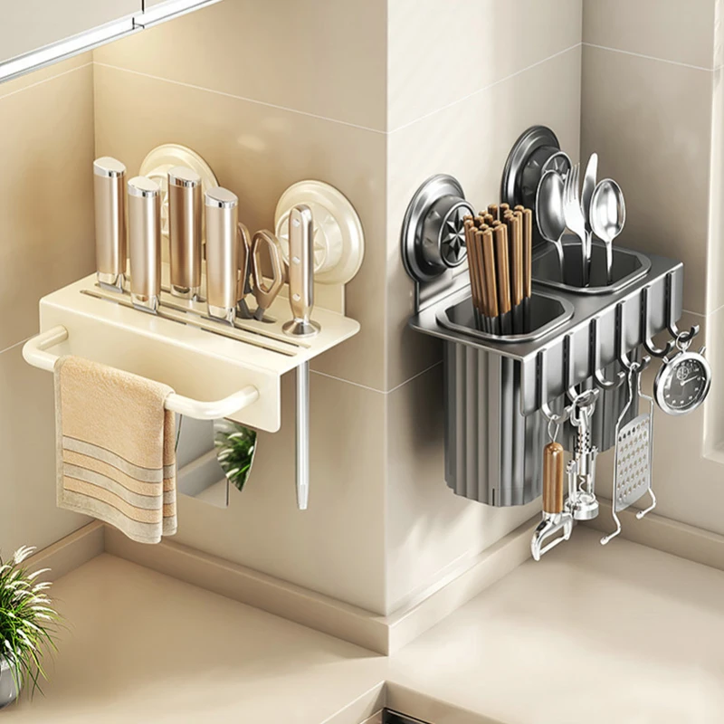 Suction Wall‑Hung Kitchen Cutlery Storage Rack Multislot Knife Organizer with Hooks for Spoon Household Kitchen Gadget
