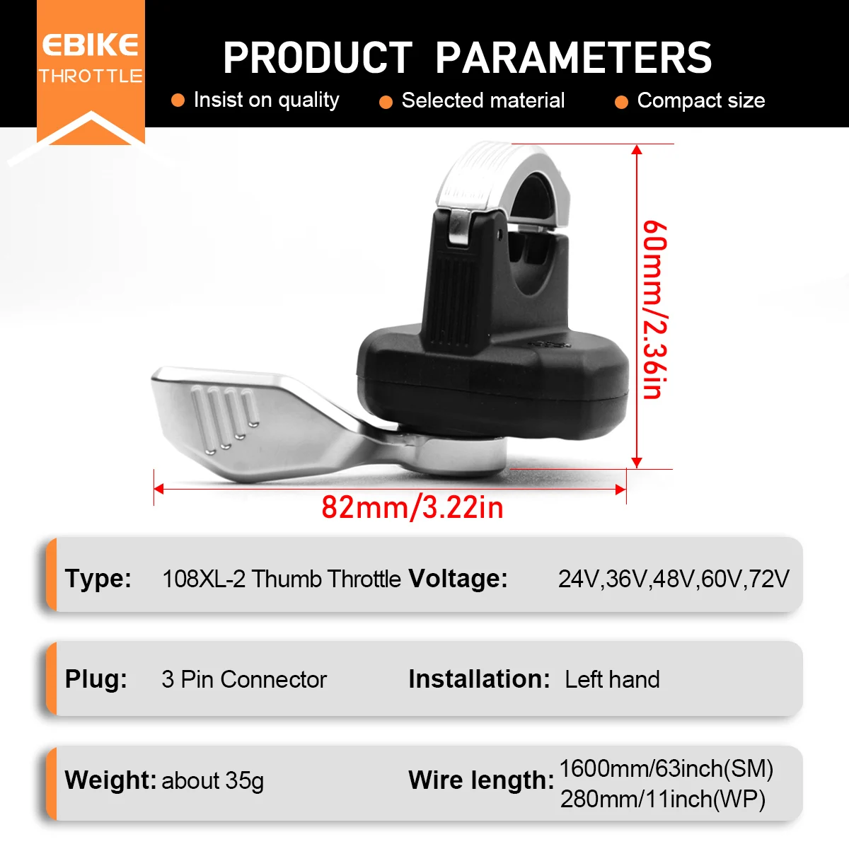 New Modle WUXING 108XL-2 Thumb Throttle 24V 36V 48V Electric Bicycle Left Handle Throttle Waterproof/SM Connector For E Scooter