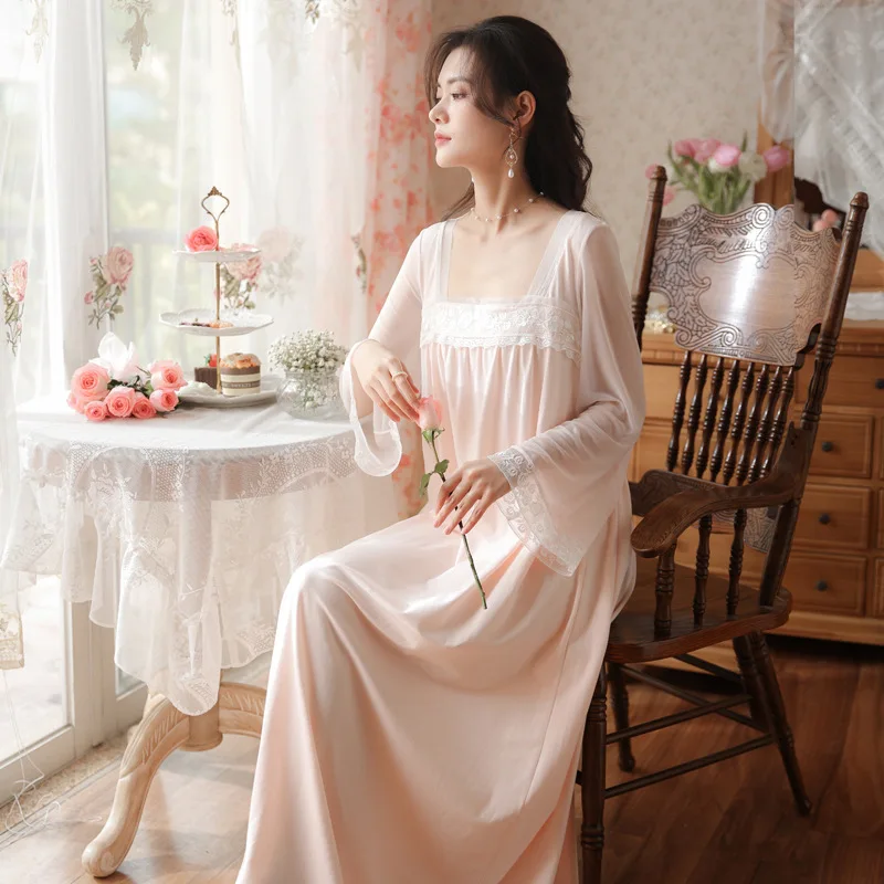 

Pajamas Sets Princess Woman Cotton Dressing Gown Vintage Style Long Sleeve Robe Sleepwear 2 Color Pink White