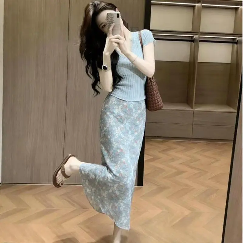 Gentle Breeze Blue Floral Halter Neck  Dress Women's Summer New Style High Waist Slimming Long Fish Tail Skirt
