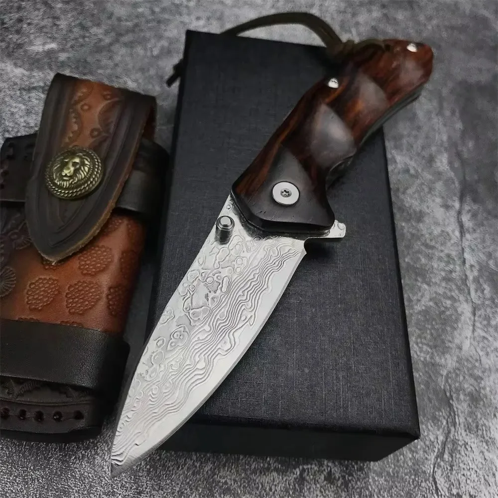 2024 High Qualtiy Damascus Steel Folding Knife Wood Handle with Sheath EDC Outdoor Knife Self-defense Combat Tactical Tool Gift