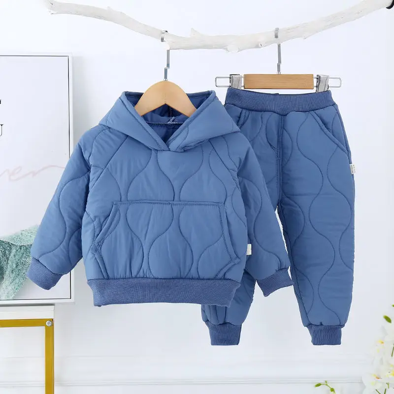 Children\'s Winter Padded Clothes Suit Boys Girls hooded Thickened Cotton Quilted Trousers0-5T Baby Home Service 2-Piece Set