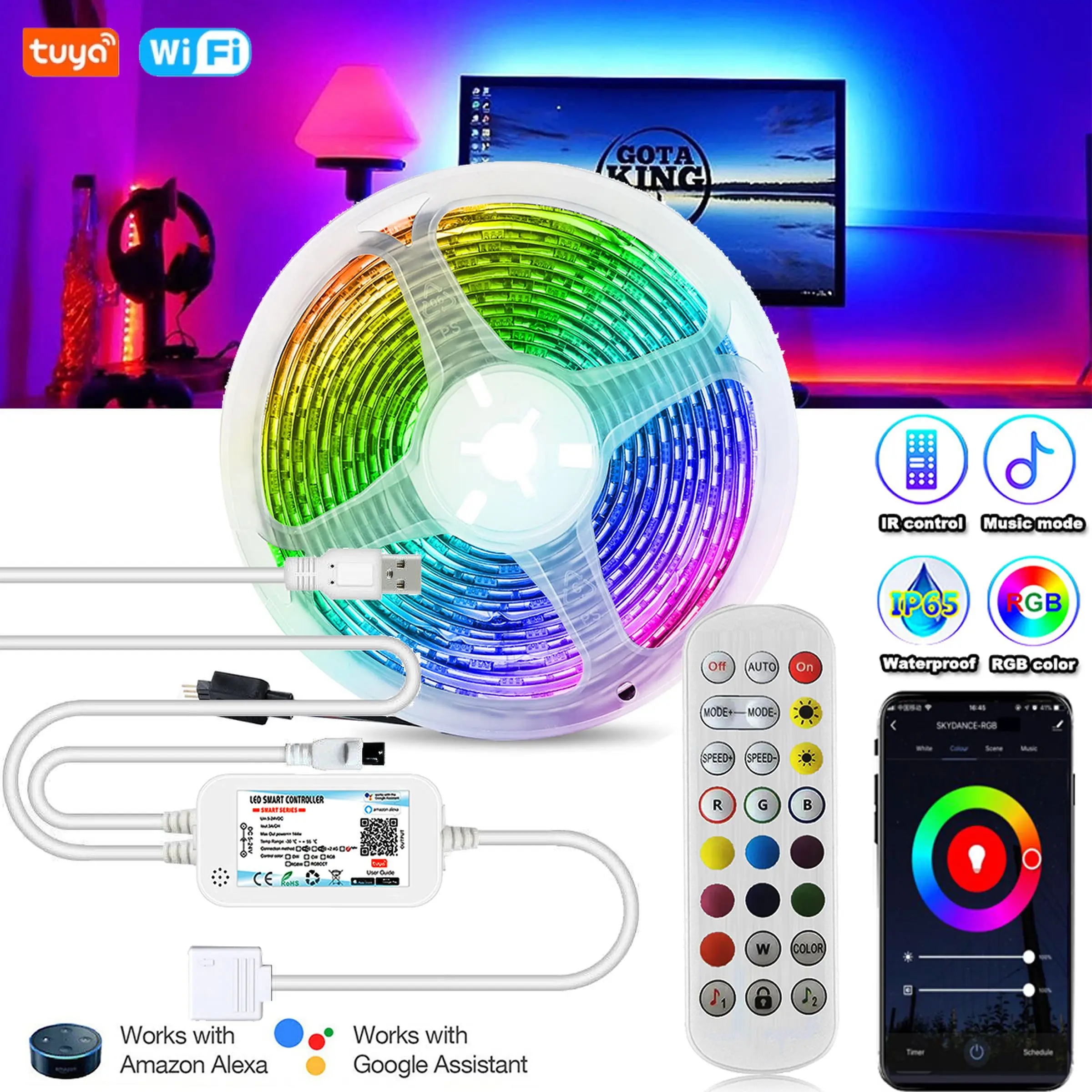 USB 5V Tuya Wifi IR 24Key Remote Control Music Controller Led Light RGB 5050 Flexible Strip Light Smart TV for Alexa Google Home