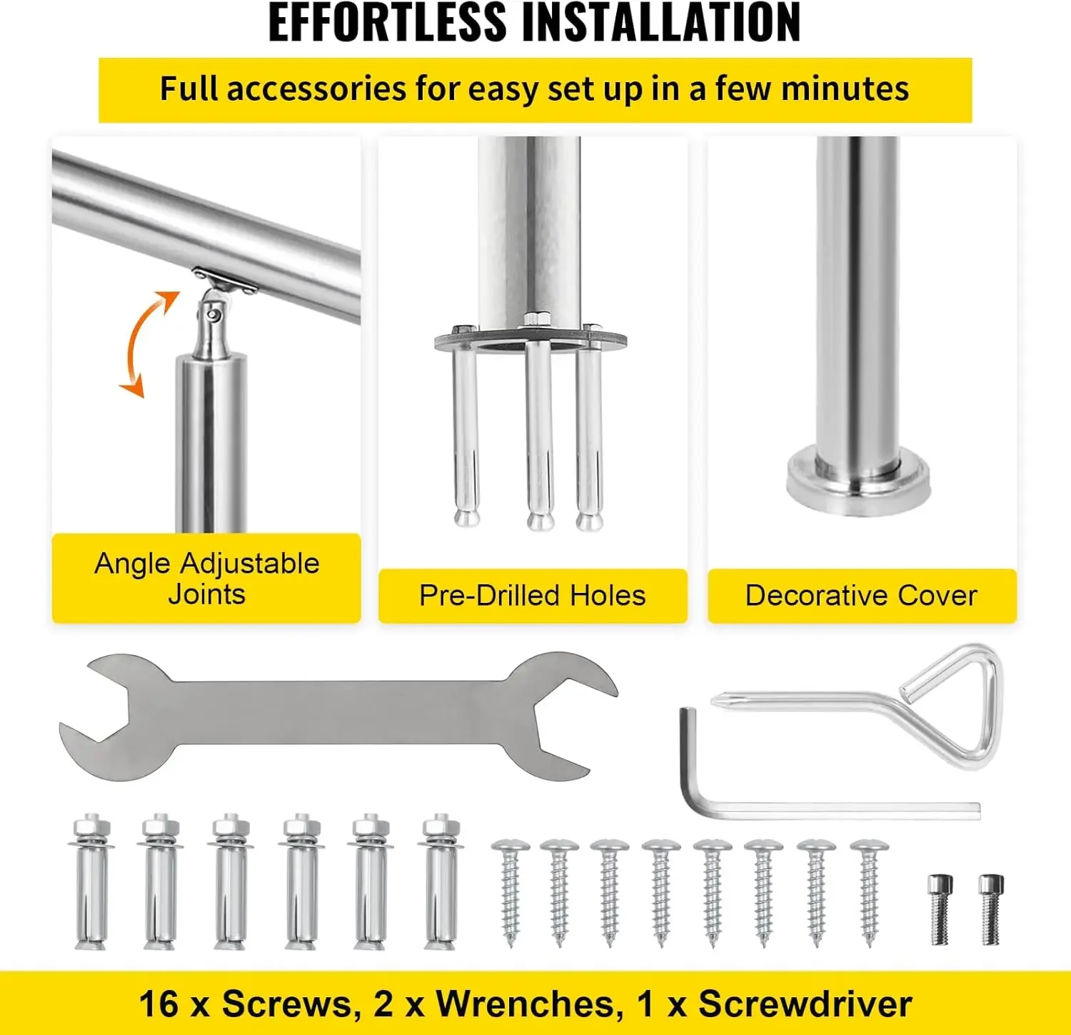 Stainless Steel Handrail 551LBS Load Handrail for Outdoor Steps 32x34 Outdoor Stair Railing Silver Stair