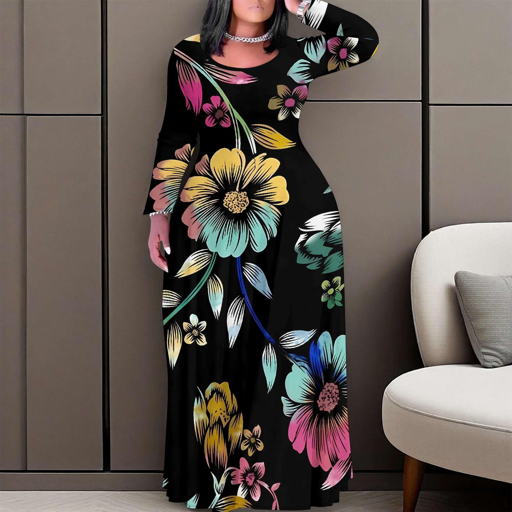 

Nupusa Colorful Floral Print Dress for Women Regular Size Casual Round Neck Long Sleeve Maxi Dress