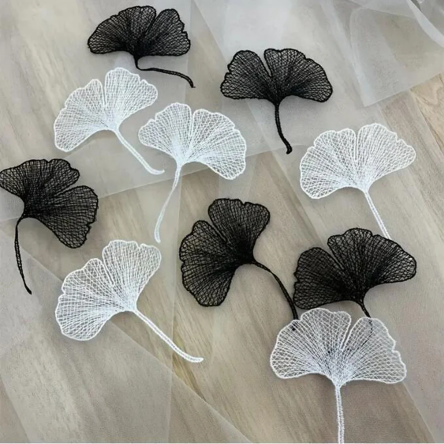 5Pcs Black White Lace Ginkgo Leaves Flower Embroidery Patch Appliques Repair