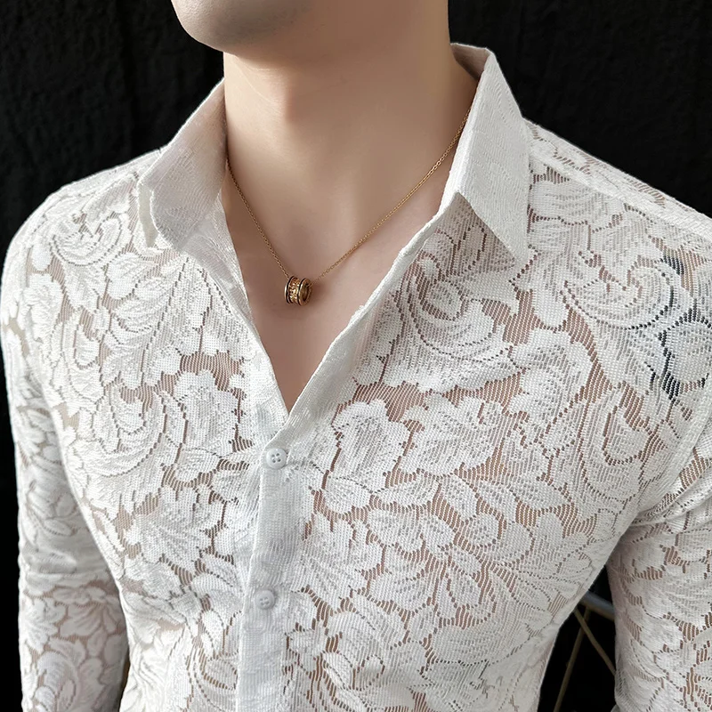 2024 Spring Flower Hollow Out Shirt for Men Long Sleeve Solid Color Slim Casual Shirts Social Party Tuxedo Blouse Men Clothing