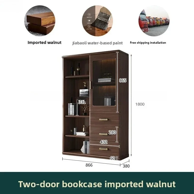 Solid Wood Bookcase Free Combination Simple Glass Door Bookcase Modern With Assembled Storage Walnut Bookcaseb21