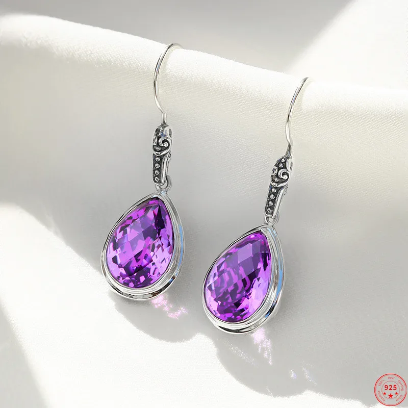 S925 Sterling Silver Drop Earrings for Women Hollow Eternal Rattan Inlaid Amethyst Green Crystal Ear Drop Jewelry Wholesale