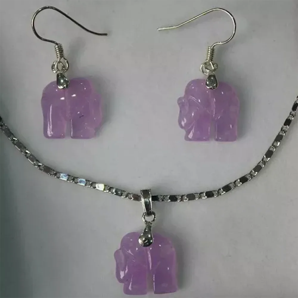 

Natural Purple Jade Carved Elephant Pendant 14KGP Necklace Earrings Set