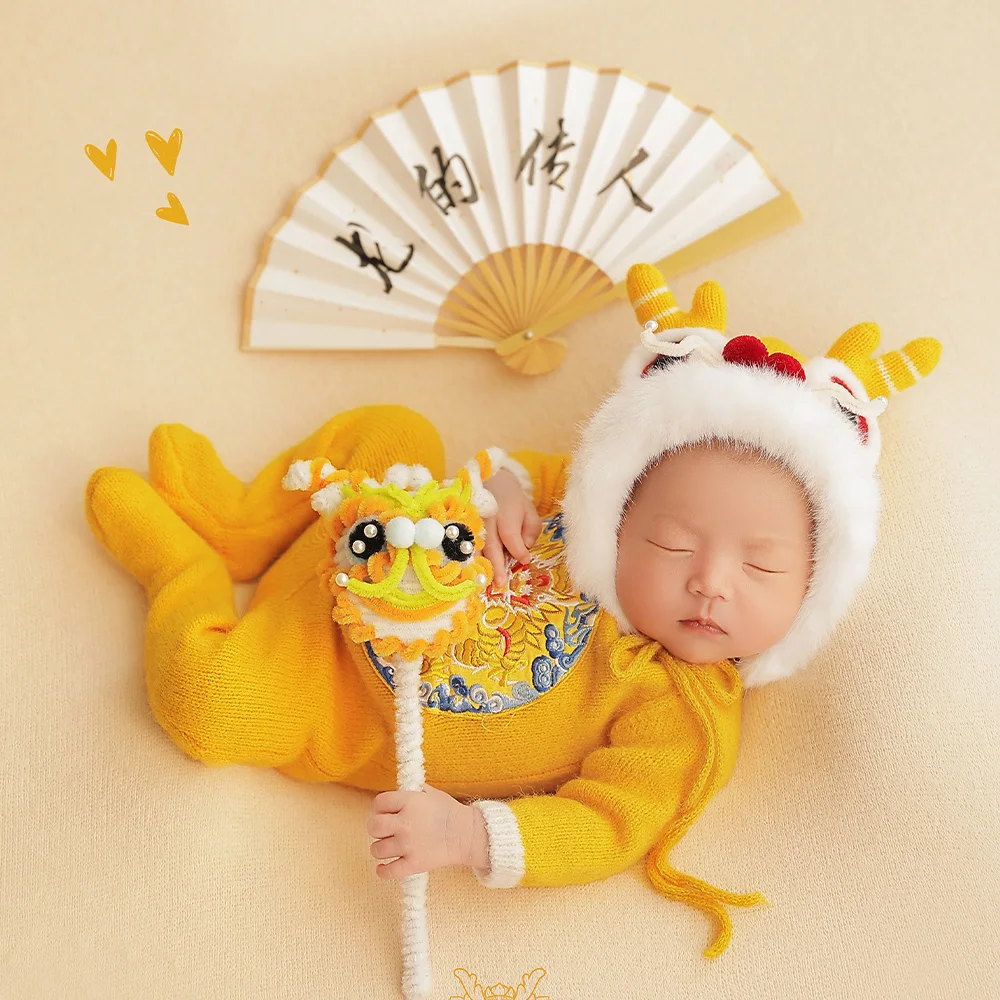 Baby Knitted Long Sleeve Bodysuit Furry Chinese Dragon Head Hat Photography Costume Props Baby New Year Theme Photo Shoot Props