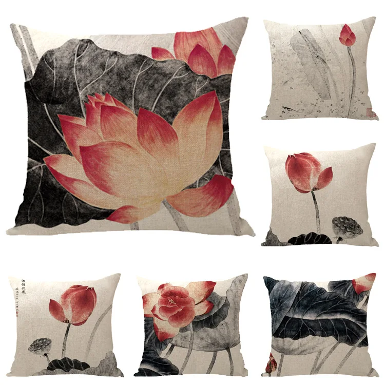 

Ink Painting Pillowcase Vintage Lotus Cotton Linen Pillow Case Decorative Cushions for Elegant Sofa Throw Pillow Cover 45x45 Cm