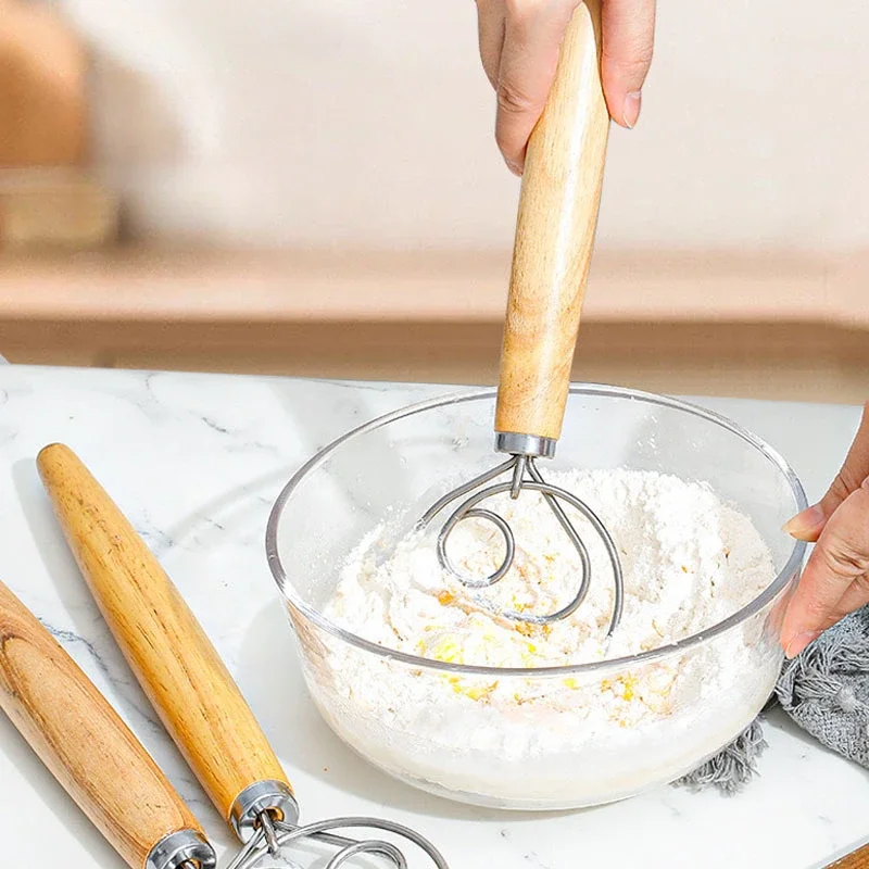 

Best Wooden Hand Dough Whisk Stainless Steel Doutch Dough Whisk Kichen Cooking Whisks Utensil Egg Beater Pastry Tool