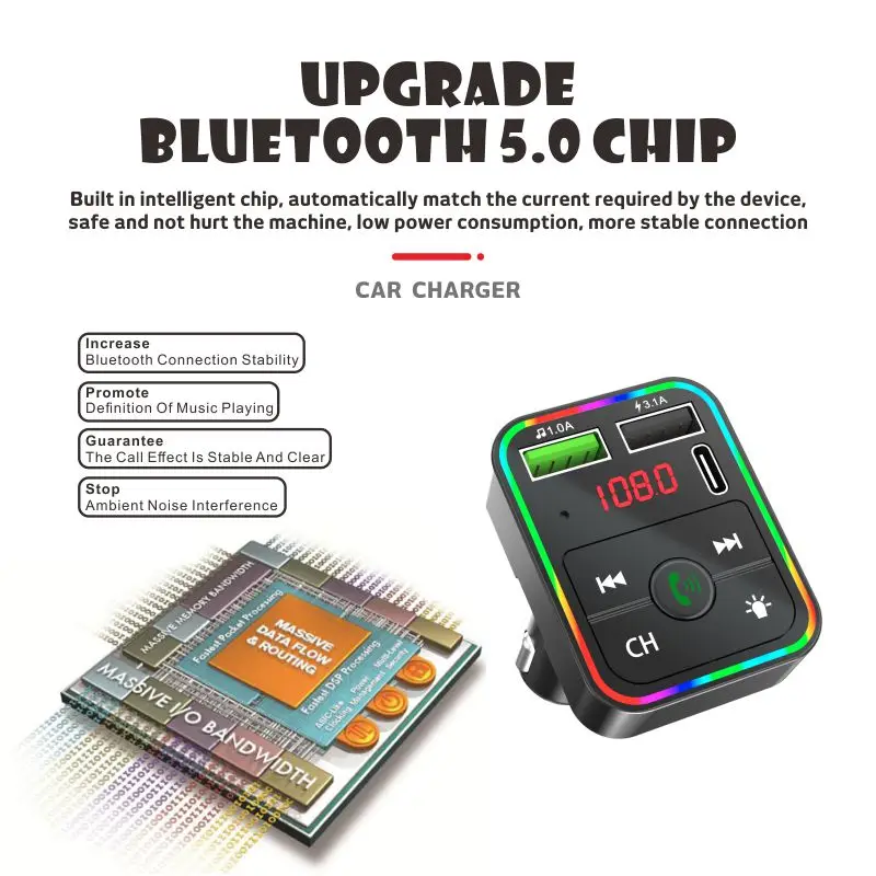 Portable Car MP3 Bluetooth Player 5.3 FM Transmitter Fast Charger Multi-protection Radio Modulator Handsfree Call GPS Navigater