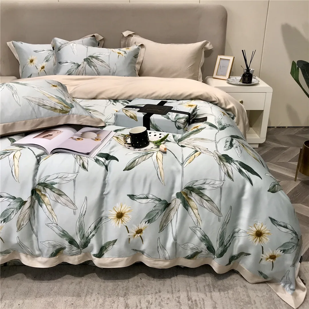 

2023 Newest Long Staple Cotton Plant Pattern Four-piece Bedding Household Must Four Seasons Universal Luxury Bedding Blue Beige