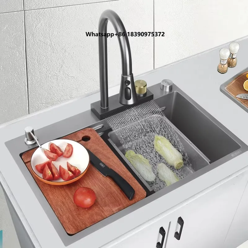 Grey Color Kitchen Sink with Waterfall Faucet 304 Stainless Steel Washing Basin Kitchen with Kitchen Accessories