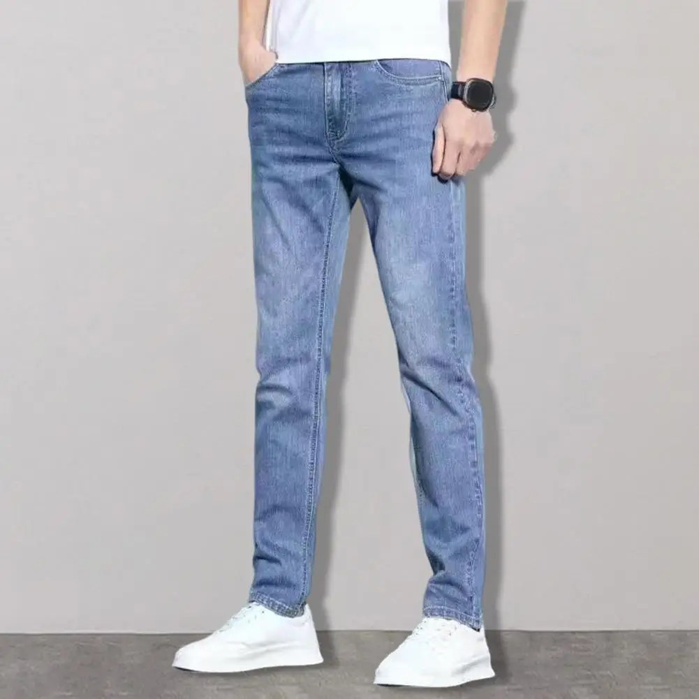 Gradient Color Men Jeans Stylish Men's Denim Pants Distressed Small-legged Jeans with Pockets Solid Color Splicing for Everyday