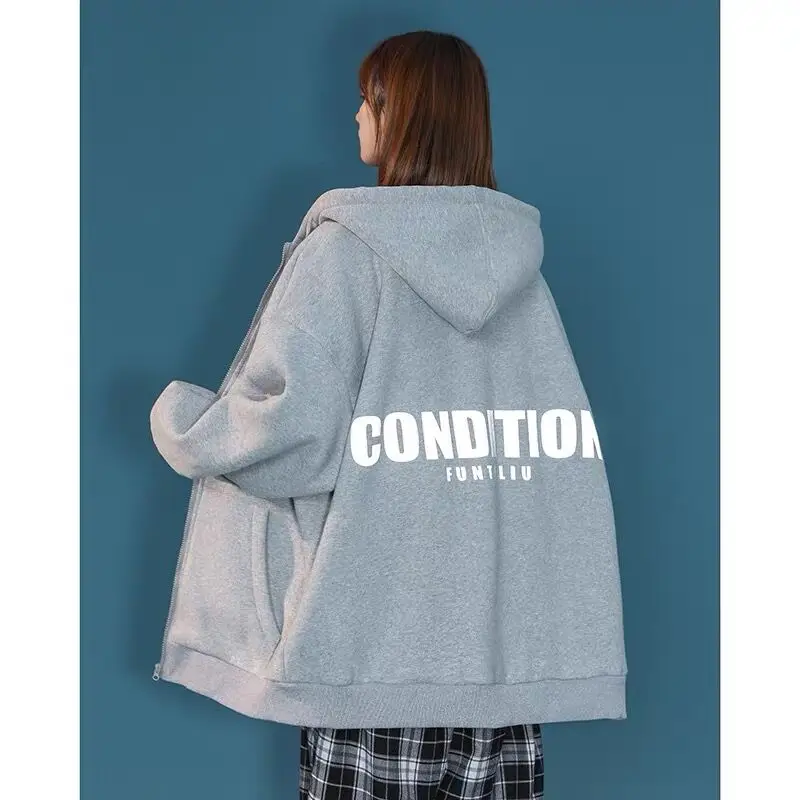 Autumn winter Fleece warm Hoodie Fashion Hooded Sweatshirts Long Sleeve Top letter print Pockets oversized Zipper purple Hoodies