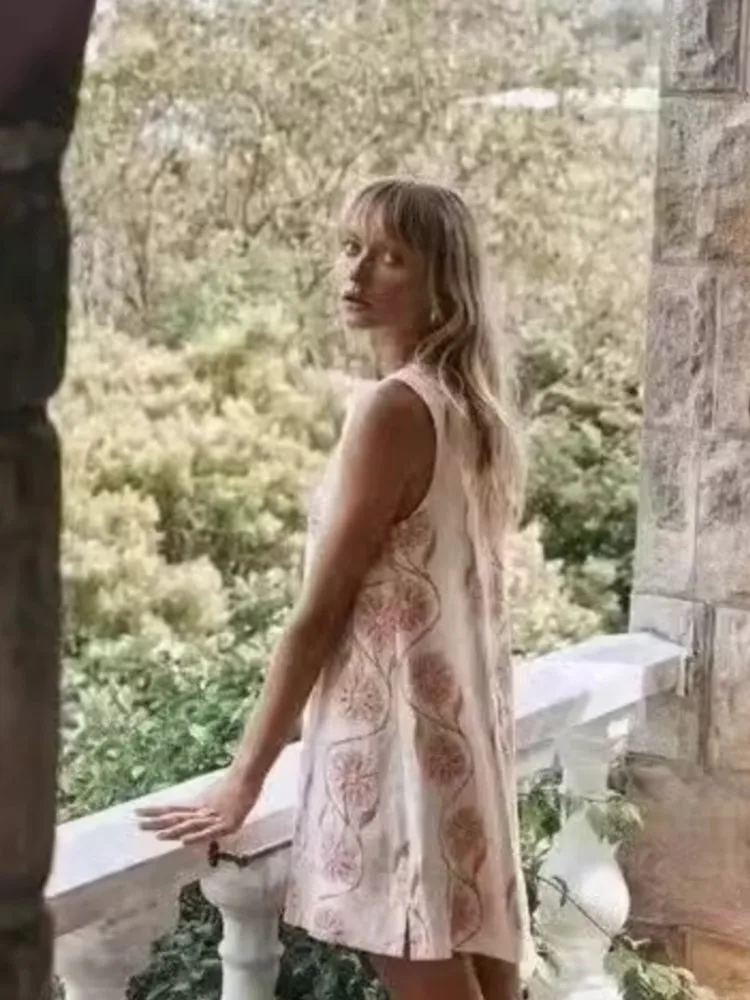 Mini robe élégante à imprimé Floral pour femmes, rose Y2K, sans manches, col rond, ample, ligne a, mode vacances, robe courte, été