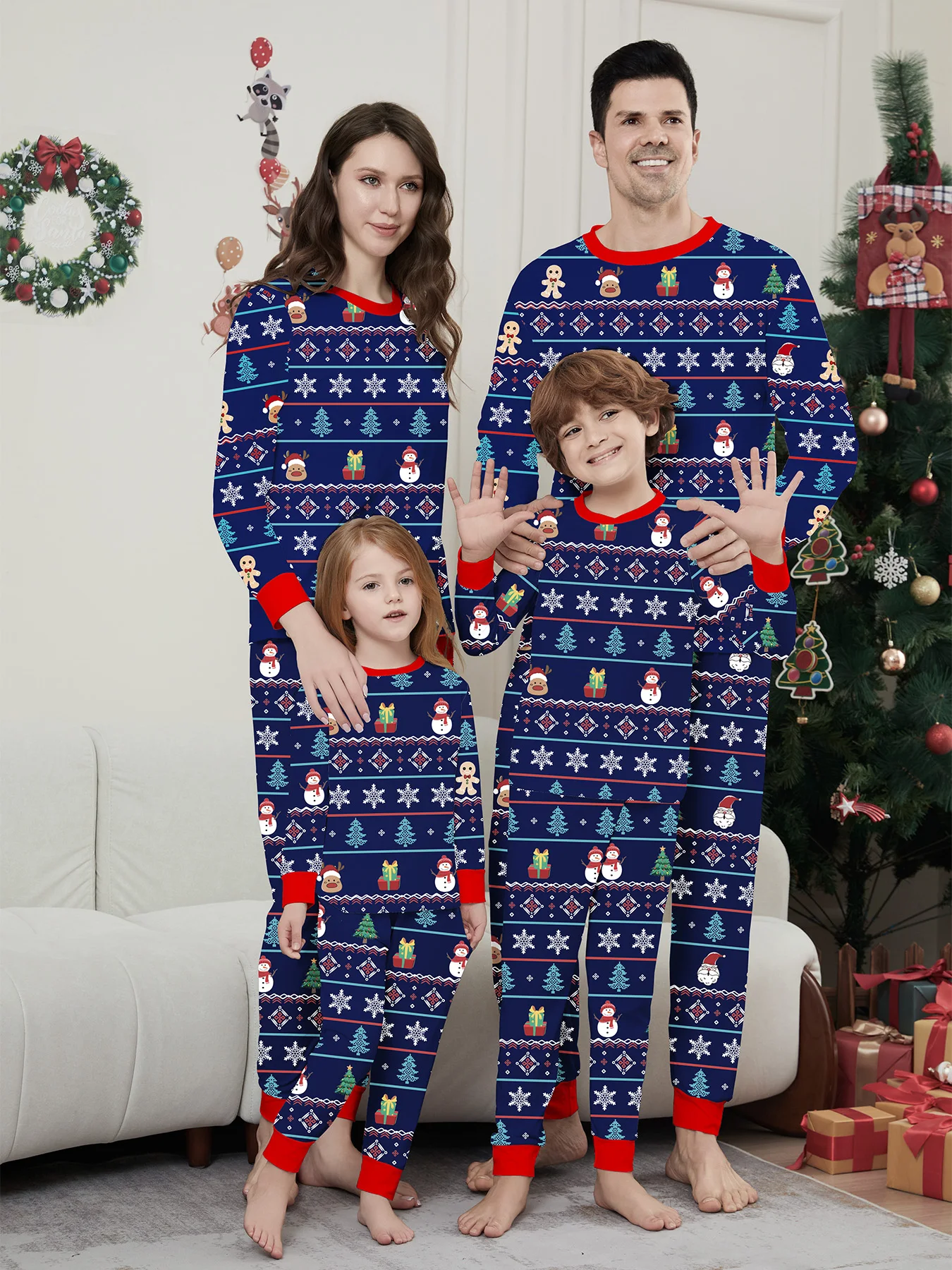 

Family Matching Xmas Sleepwear - Blue All - Over Christmas Element Printed Pajamas